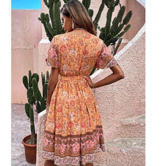 Boho Orange Floral Print Butterfly Sleeve Dress - Picture 6 of 6